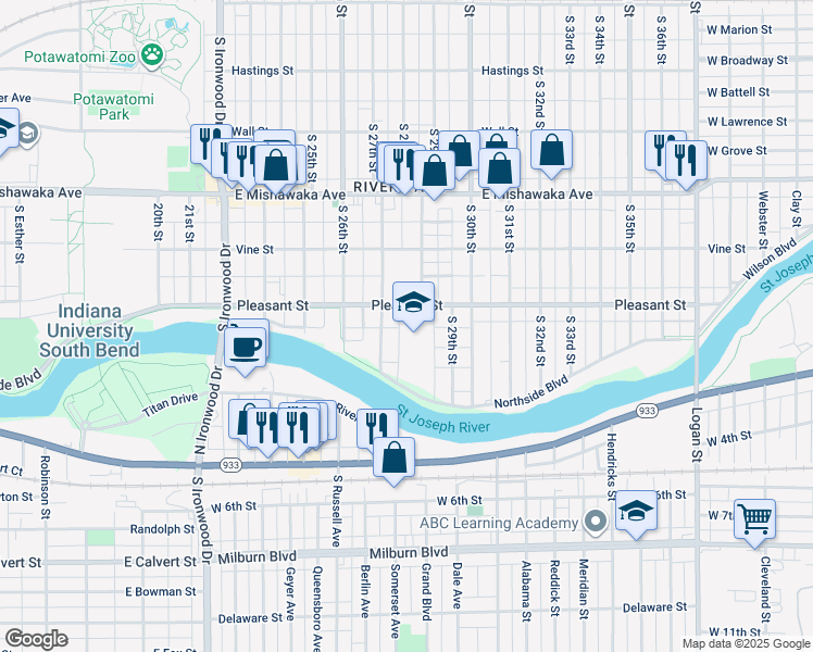 map of restaurants, bars, coffee shops, grocery stores, and more near 2716 Pleasant Street in South Bend