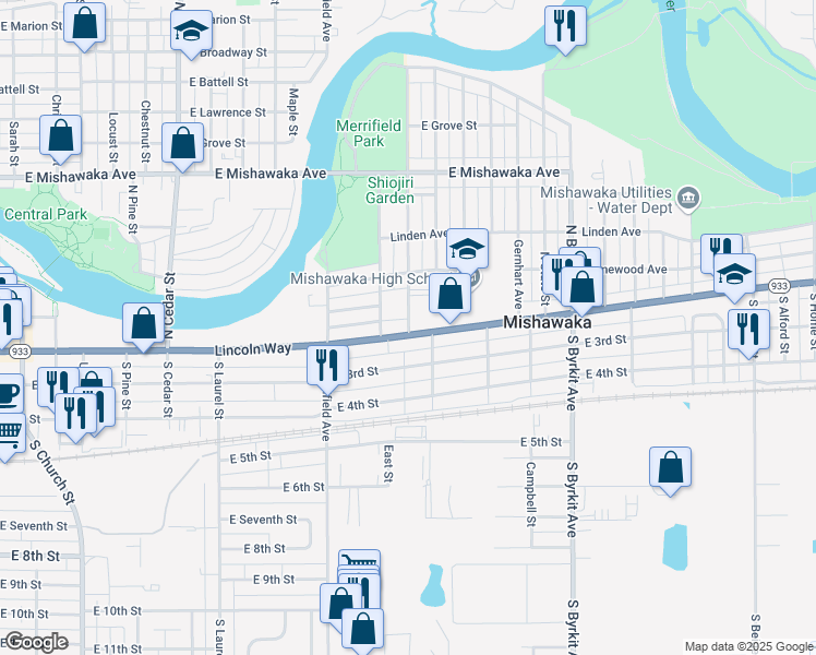 map of restaurants, bars, coffee shops, grocery stores, and more near 127 North Indiana Avenue in Mishawaka