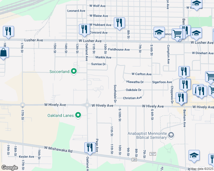 map of restaurants, bars, coffee shops, grocery stores, and more near 950 Oakland Estates Dr in Elkhart