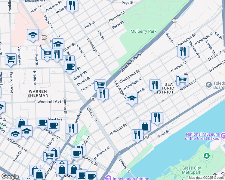 map of restaurants, bars, coffee shops, grocery stores, and more near 931 Champlain Street in Toledo
