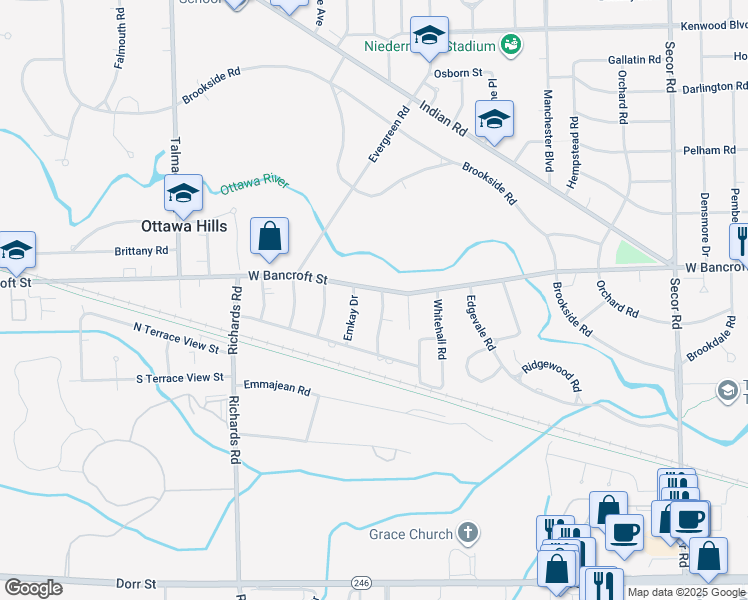 map of restaurants, bars, coffee shops, grocery stores, and more near 3933 West Bancroft Street in Toledo