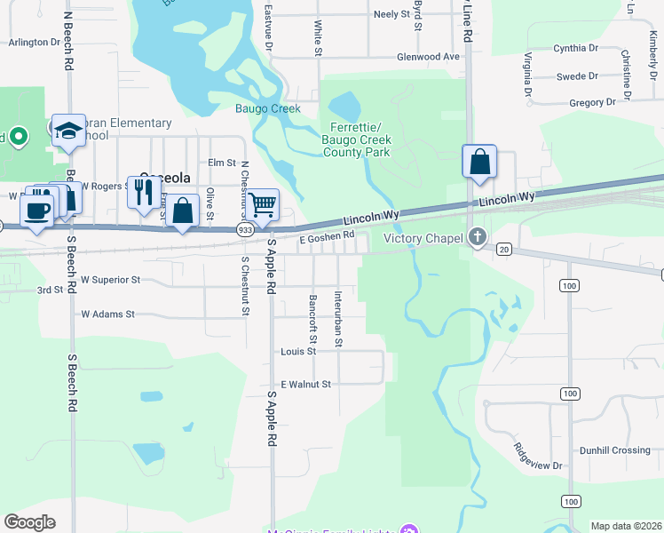 map of restaurants, bars, coffee shops, grocery stores, and more near 203 Interurban Street in Osceola
