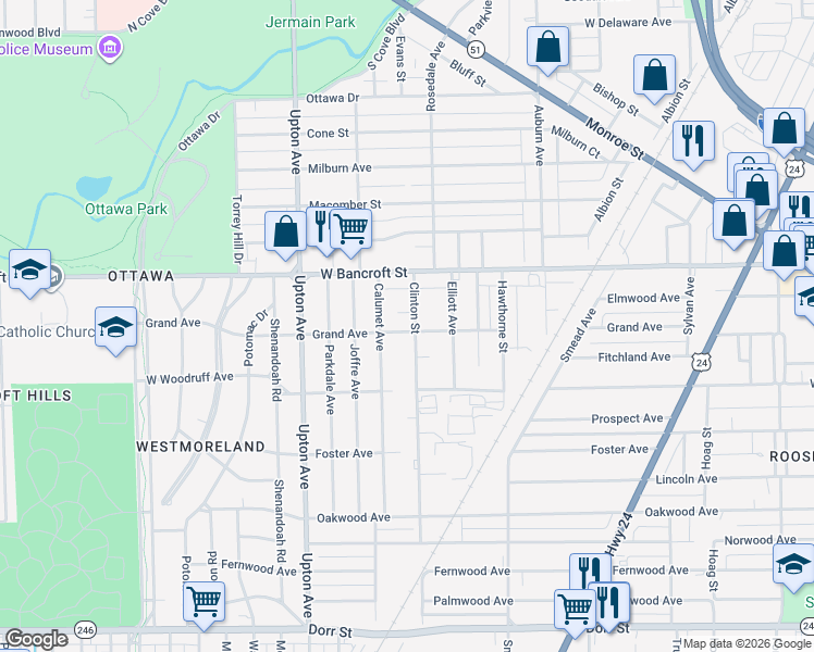 map of restaurants, bars, coffee shops, grocery stores, and more near 2127 Clinton Street in Toledo