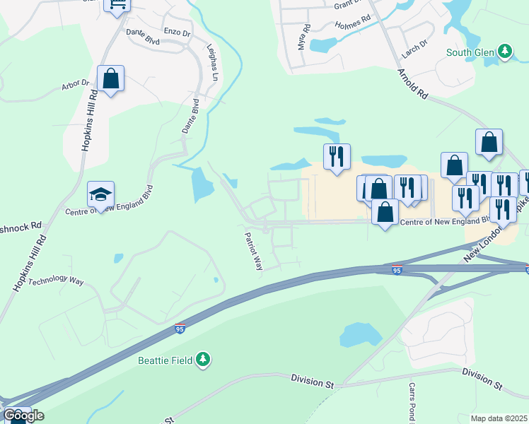 map of restaurants, bars, coffee shops, grocery stores, and more near 600 Centre of New England Boulevard in Coventry