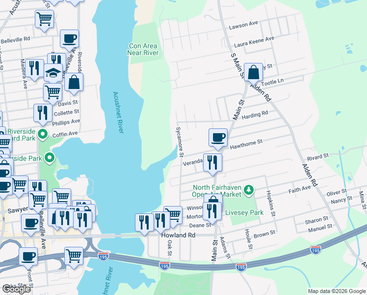 map of restaurants, bars, coffee shops, grocery stores, and more near 9 Saint Mary Street in Fairhaven
