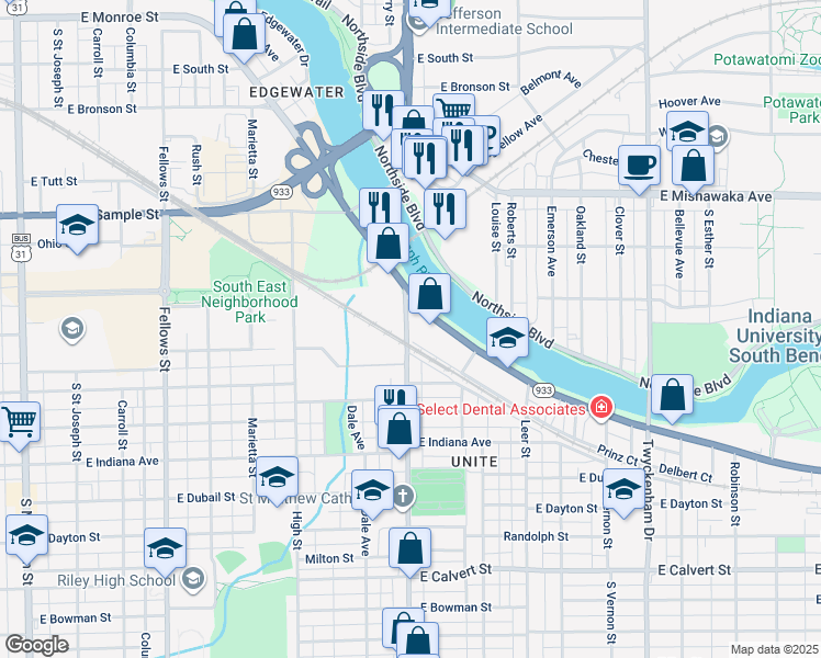 map of restaurants, bars, coffee shops, grocery stores, and more near 1232 Miami Street in South Bend