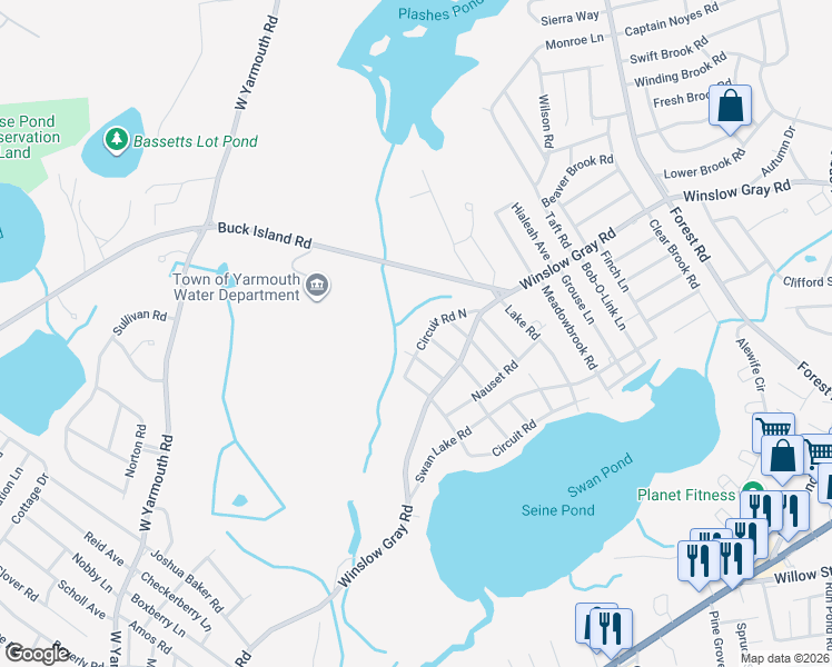 map of restaurants, bars, coffee shops, grocery stores, and more near 33 Circuit Road North in Yarmouth