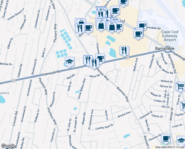 map of restaurants, bars, coffee shops, grocery stores, and more near 489 Bearses Way in Barnstable