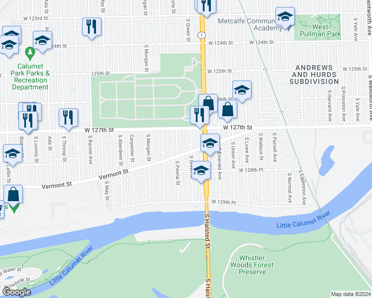 map of restaurants, bars, coffee shops, grocery stores, and more near 840 West Vermont Street in Chicago