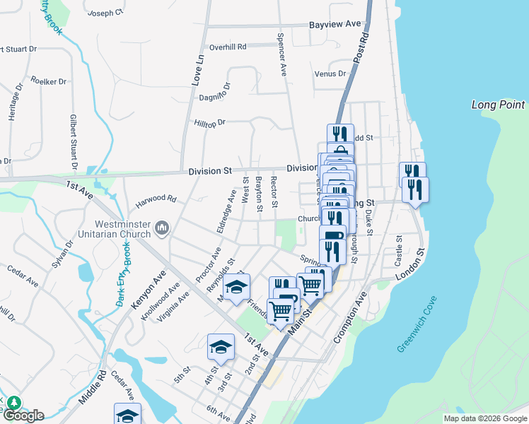 map of restaurants, bars, coffee shops, grocery stores, and more near 70 Brayton Street in East Greenwich