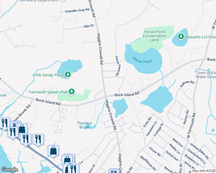map of restaurants, bars, coffee shops, grocery stores, and more near 16 Horse Pond Road in Yarmouth