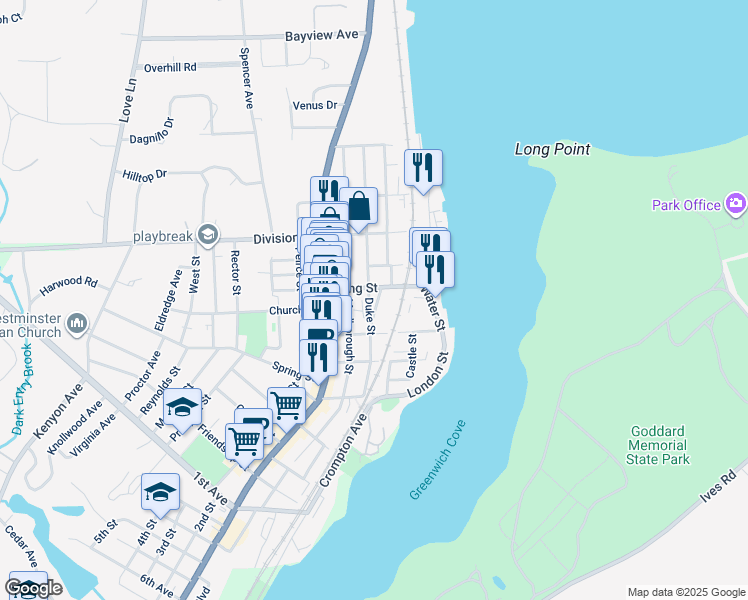 map of restaurants, bars, coffee shops, grocery stores, and more near in East Greenwich