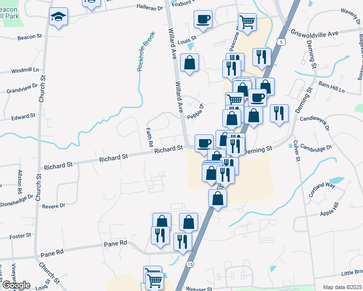 map of restaurants, bars, coffee shops, grocery stores, and more near 1721 Willard Avenue in Newington