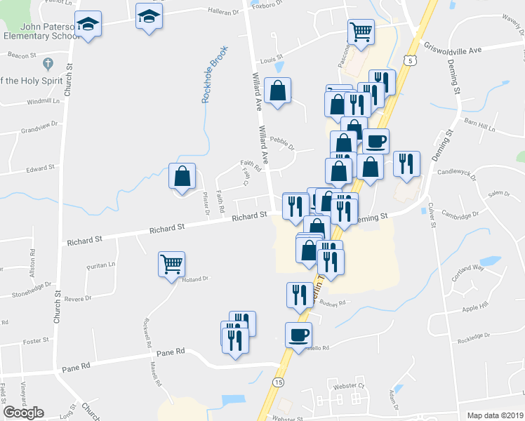 map of restaurants, bars, coffee shops, grocery stores, and more near 1721 Willard Avenue in Newington