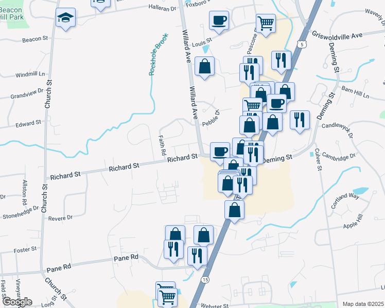map of restaurants, bars, coffee shops, grocery stores, and more near 1721 Willard Avenue in Newington
