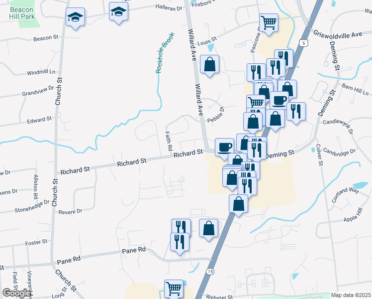 map of restaurants, bars, coffee shops, grocery stores, and more near 85 Faith Road in Newington