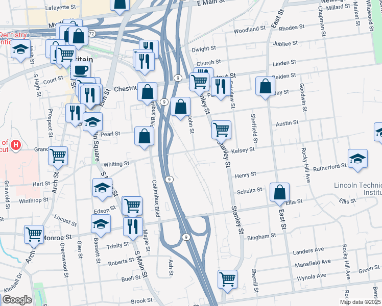 map of restaurants, bars, coffee shops, grocery stores, and more near 39 John Street in New Britain