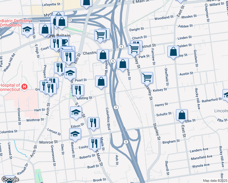 map of restaurants, bars, coffee shops, grocery stores, and more near 120 Whiting Street in New Britain