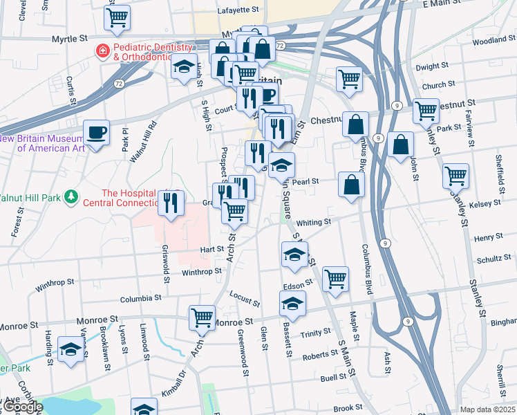 map of restaurants, bars, coffee shops, grocery stores, and more near 95 Glen Street in New Britain