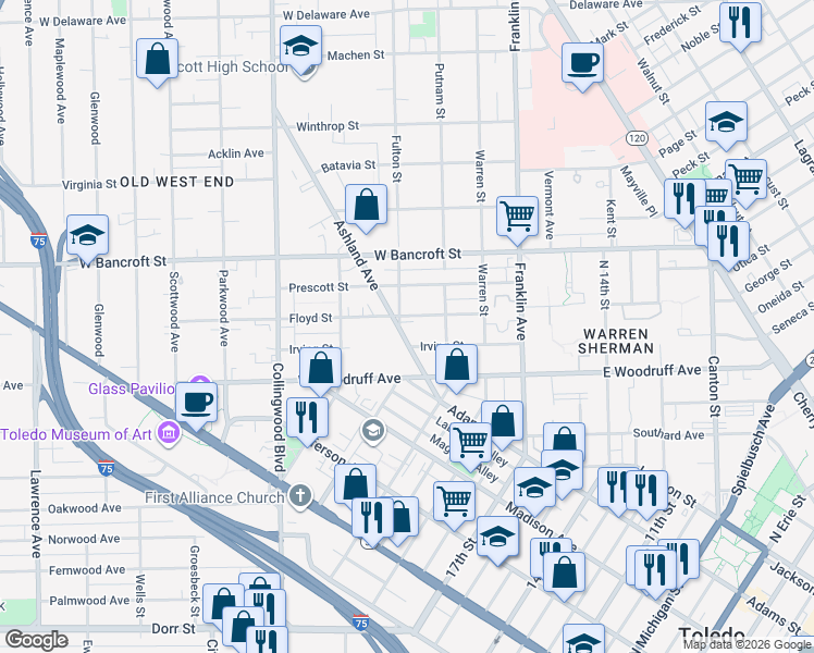 map of restaurants, bars, coffee shops, grocery stores, and more near 238 Floyd Street in Toledo