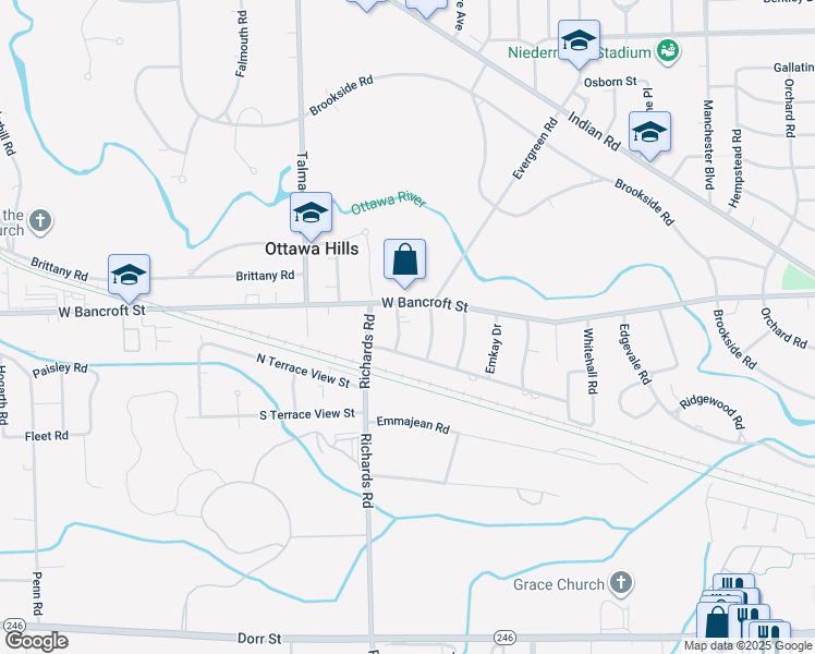 map of restaurants, bars, coffee shops, grocery stores, and more near 4040 West Bancroft Street in Ottawa Hills