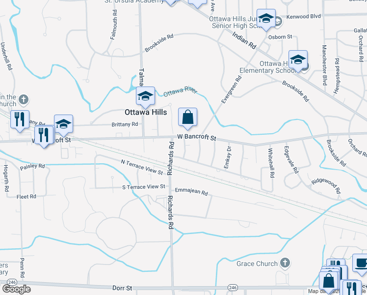 map of restaurants, bars, coffee shops, grocery stores, and more near 4040 West Bancroft Street in Ottawa Hills