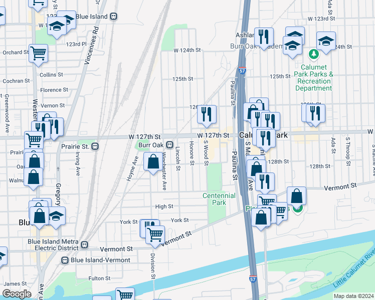 map of restaurants, bars, coffee shops, grocery stores, and more near 1843 Burr Oak Avenue in Blue Island