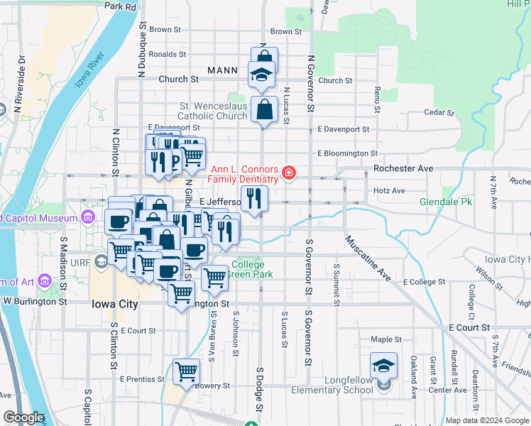 map of restaurants, bars, coffee shops, grocery stores, and more near 704 East Jefferson Street in Iowa City