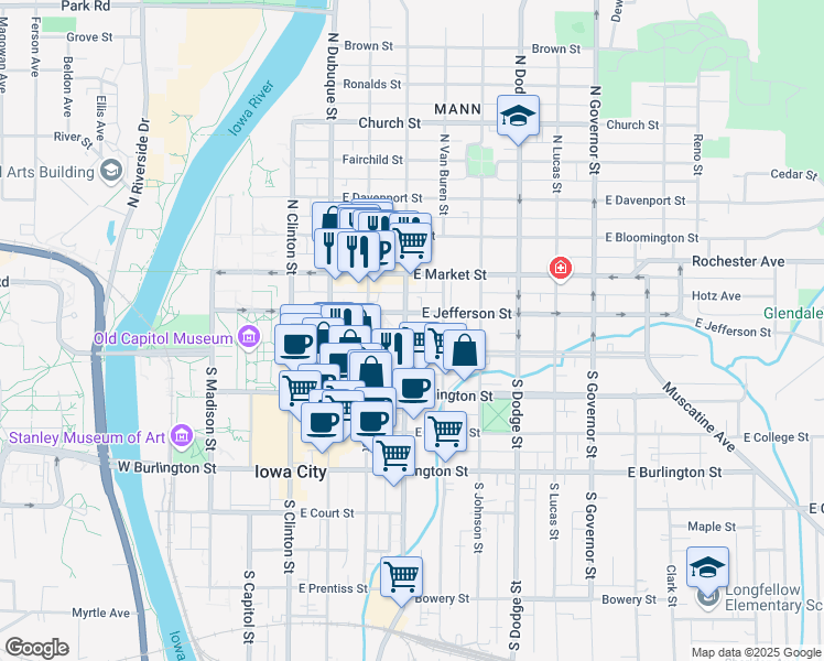 map of restaurants, bars, coffee shops, grocery stores, and more near 404 East Jefferson Street in Iowa City