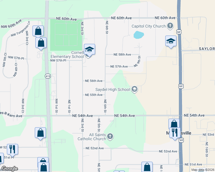 map of restaurants, bars, coffee shops, grocery stores, and more near 5595 Northeast 6th Street in Des Moines