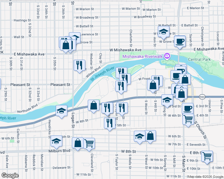 map of restaurants, bars, coffee shops, grocery stores, and more near 92 Schellinger Square in Mishawaka