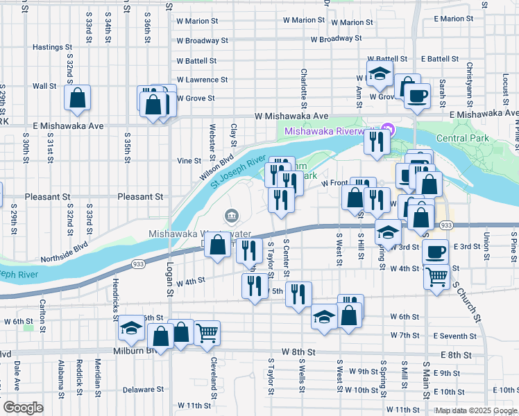 map of restaurants, bars, coffee shops, grocery stores, and more near 109 Old Stable Lane in Mishawaka