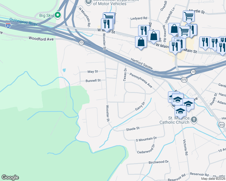 map of restaurants, bars, coffee shops, grocery stores, and more near 141 Barnes Street in New Britain