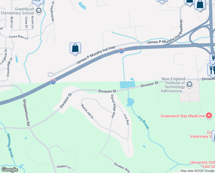 map of restaurants, bars, coffee shops, grocery stores, and more near 1785 Division Road in East Greenwich