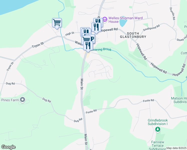 map of restaurants, bars, coffee shops, grocery stores, and more near 37 Overshot Drive in Glastonbury