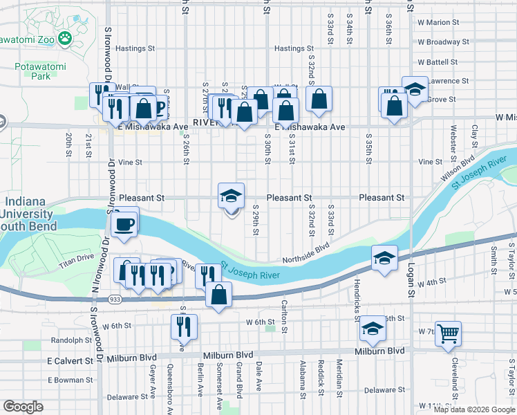 map of restaurants, bars, coffee shops, grocery stores, and more near 2813 Pleasant Street in South Bend