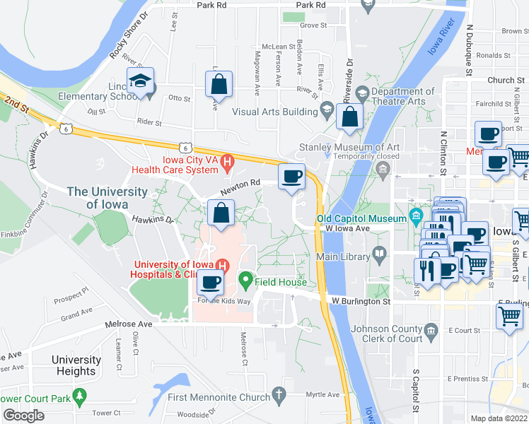 map of restaurants, bars, coffee shops, grocery stores, and more near 400 Medicine Admin Bldg in Iowa City