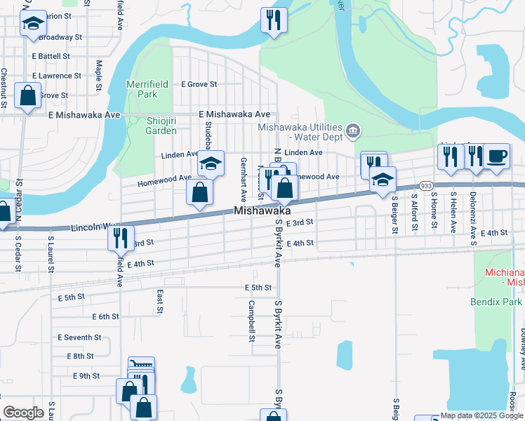 map of restaurants, bars, coffee shops, grocery stores, and more near in Mishawaka