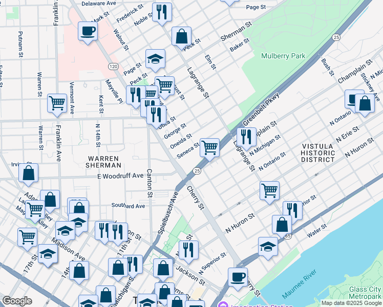map of restaurants, bars, coffee shops, grocery stores, and more near 1212 Cherry Street in Toledo