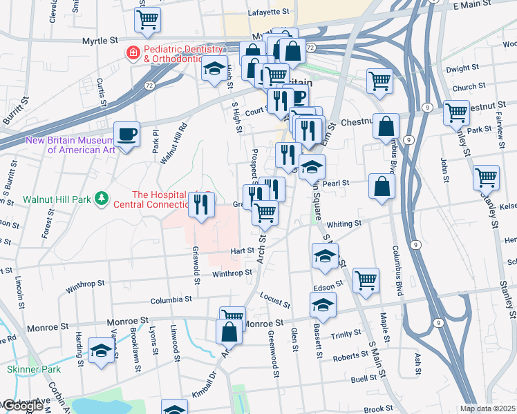 map of restaurants, bars, coffee shops, grocery stores, and more near 241 Arch Street in New Britain