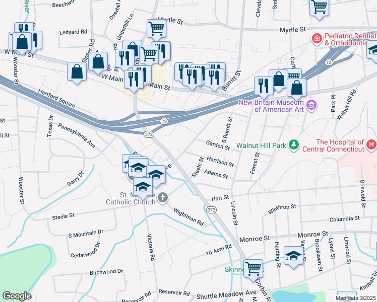 map of restaurants, bars, coffee shops, grocery stores, and more near 133 Black Rock Avenue in New Britain