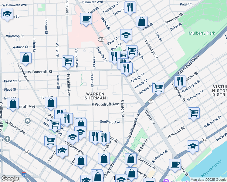 map of restaurants, bars, coffee shops, grocery stores, and more near 2102 North 12th Street in Toledo