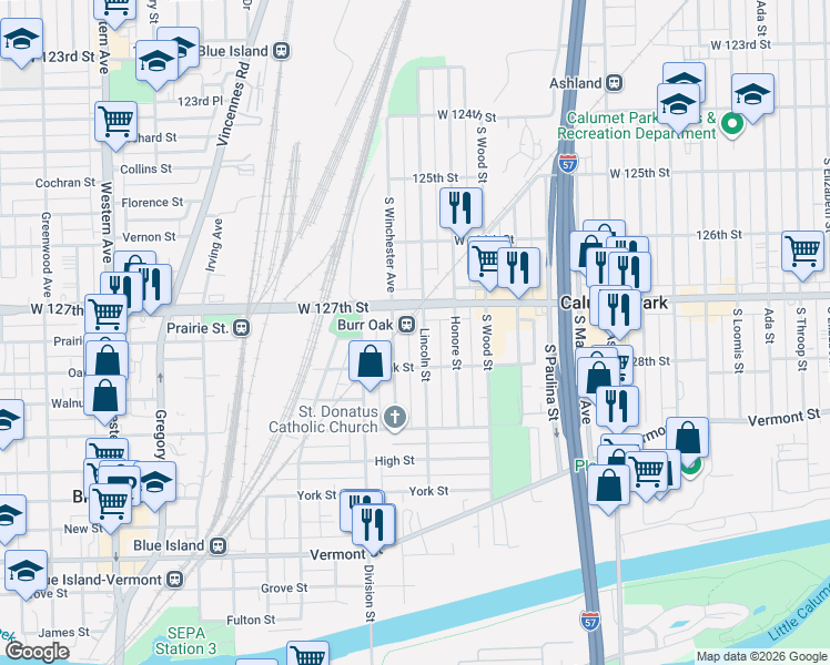 map of restaurants, bars, coffee shops, grocery stores, and more near in Blue Island