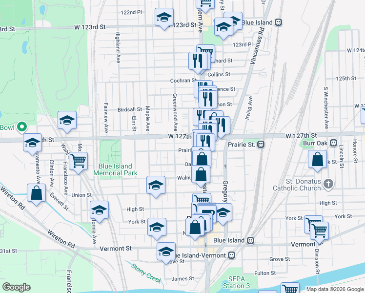 map of restaurants, bars, coffee shops, grocery stores, and more near 2473 Burr Oak Avenue in Blue Island
