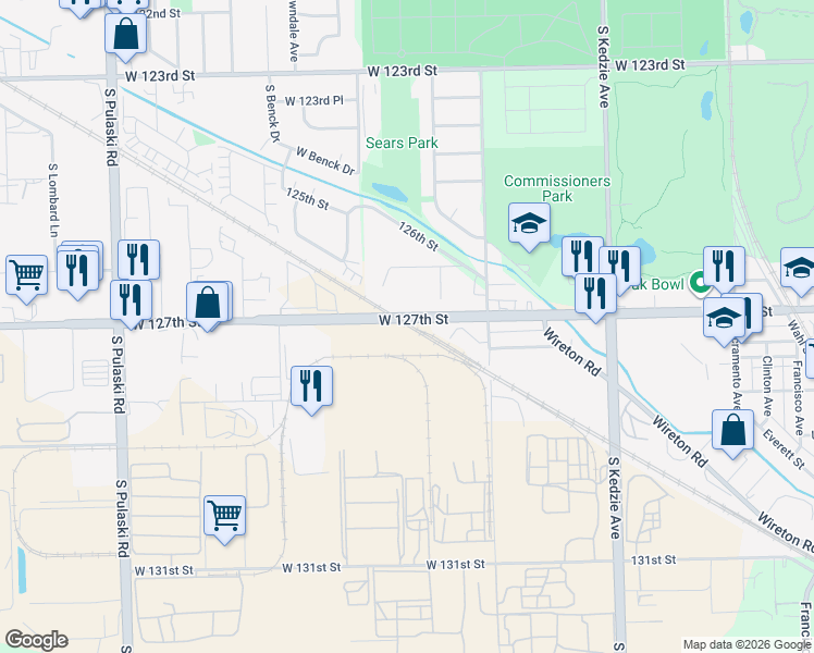 map of restaurants, bars, coffee shops, grocery stores, and more near 3550-3598 West 127th Street in Blue Island