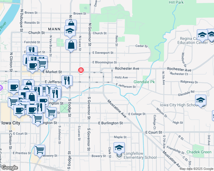 map of restaurants, bars, coffee shops, grocery stores, and more near 1024 East Jefferson Street in Iowa City