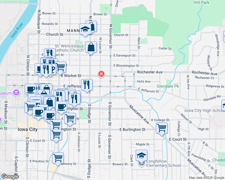 map of restaurants, bars, coffee shops, grocery stores, and more near 106 North Governor Street in Iowa City