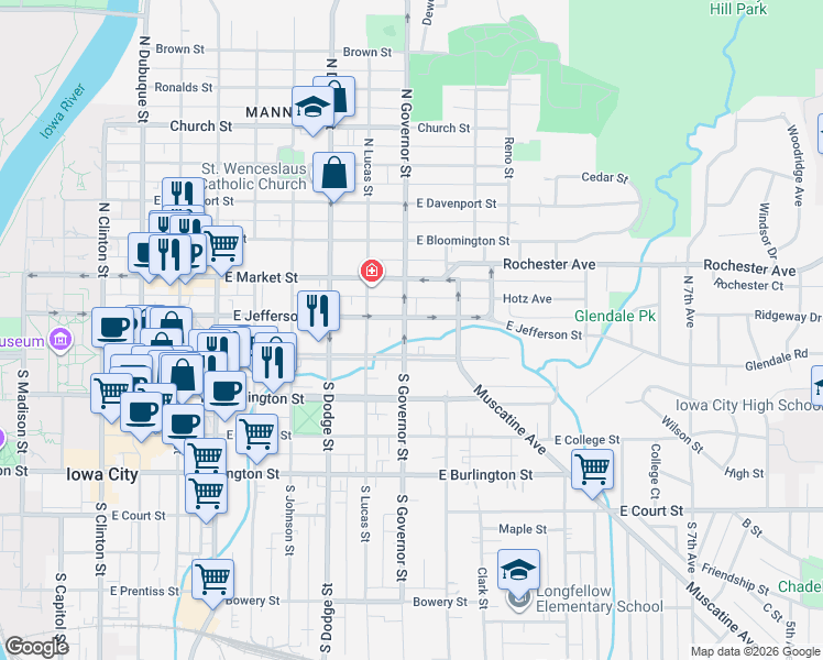 map of restaurants, bars, coffee shops, grocery stores, and more near 106 North Governor Street in Iowa City