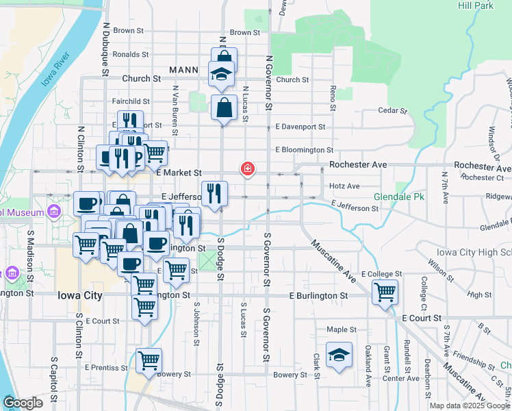 map of restaurants, bars, coffee shops, grocery stores, and more near 810 East Jefferson Street in Iowa City