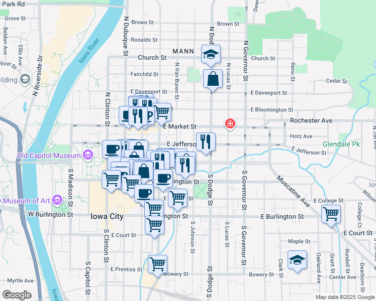 map of restaurants, bars, coffee shops, grocery stores, and more near 606 East Jefferson Street in Iowa City